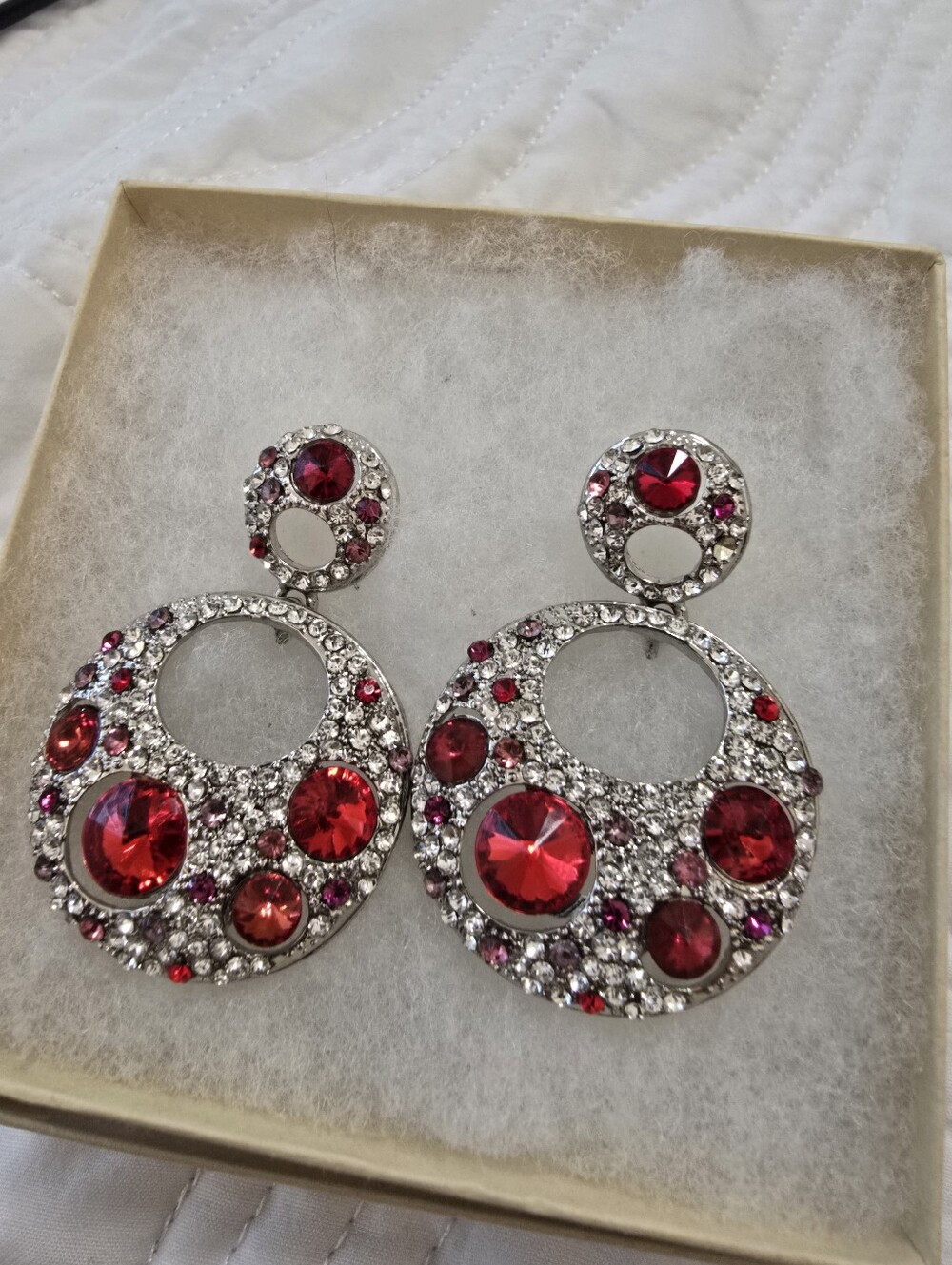 Vintage Costume Jewelry Red Crystal Drop Hoop Earrings - Beautiful!